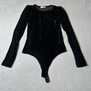 A3 Design Bodysuit Juniors Womens L Black Velvet Long Sleeve Angel‎ Sequin Wings